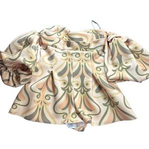 ASOS Design Bardot Extreme Puff Sleeve Romper in Retro Print‎ size 14